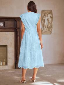 Simplee Women's Spring/Summer New Mesh Embroidered Ruffle Trim Sleeveless Dress Elegant - Baby Blue - View 9
