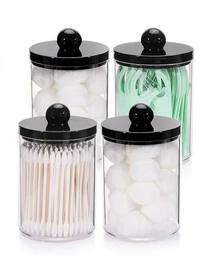Bộ hộp đựng tăm bông và bông tẩy trang phòng tắm, lọ nhựa đựng thuốc, hộp 10 oz có nắp đen, dùng để đựng tăm bông, bông tẩy trang, chỉ nha khoa, v.v.