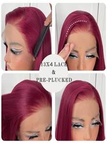 13x4 红色直发高清蕾丝前假发，预先拔毛，无胶长直发，99j 酒红色蕾丝前假发，合成红色即戴即走蕾丝前假发 - 彩色 - 查看 5