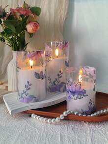 3件套无焰蜡烛灯，带遥控器/定时器，电池供电，紫色花卉图案杯状蜡烛，适用于桌面摆设，可用于圣诞节、万圣节、情人节、母亲节、送礼、生日、求婚、婚礼、餐桌、派对、节日氛围装饰。 - 紫羅蘭 - 查看 5