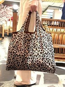 1pc Large Capacity Leopard Print Tote Bag, Brown Polyester Material, Sturdy Foldable Handle, Suitable For Daily Life, Supermarket And Grocery Shopping, Foldable Shopping Bag, Suitable For New Year, Valentine's Day, Travel Shopping, Fashion Accessory - Multicolor - View 8