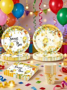 10 pièces Set de vaisselle thème abeille - Comprend assiettes, tasses, couverts, convient pour anniversaire, baby shower thème abeille, décorations de fête | Sert 10 invités - A - Voir 3