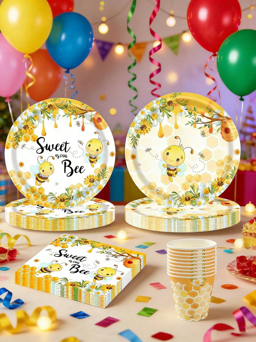 10pcs Bee Themed Tableware Set - Includes Plates, Cups, Cutlery, Suitable For Bee Themed Birthday, Baby Shower Party Decorations | Serves 10 Guests - A - View 1