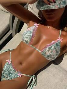 2026 Women's Random Print Spaghetti Strap Sexy Bikini Set, Elegant Beach Summer Swimwear, Suitable For Summer Vacation, Carnival, Casual, Chic - Multicolor - View 3