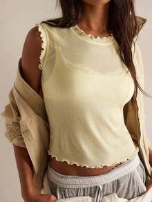 Women Lettuce Trim Sheer Vest Slim Fit Solid Color Crew Neck Sleeveless Crop Tank Tops Stylish Summer Streetwear - Amarillo - Ver 1