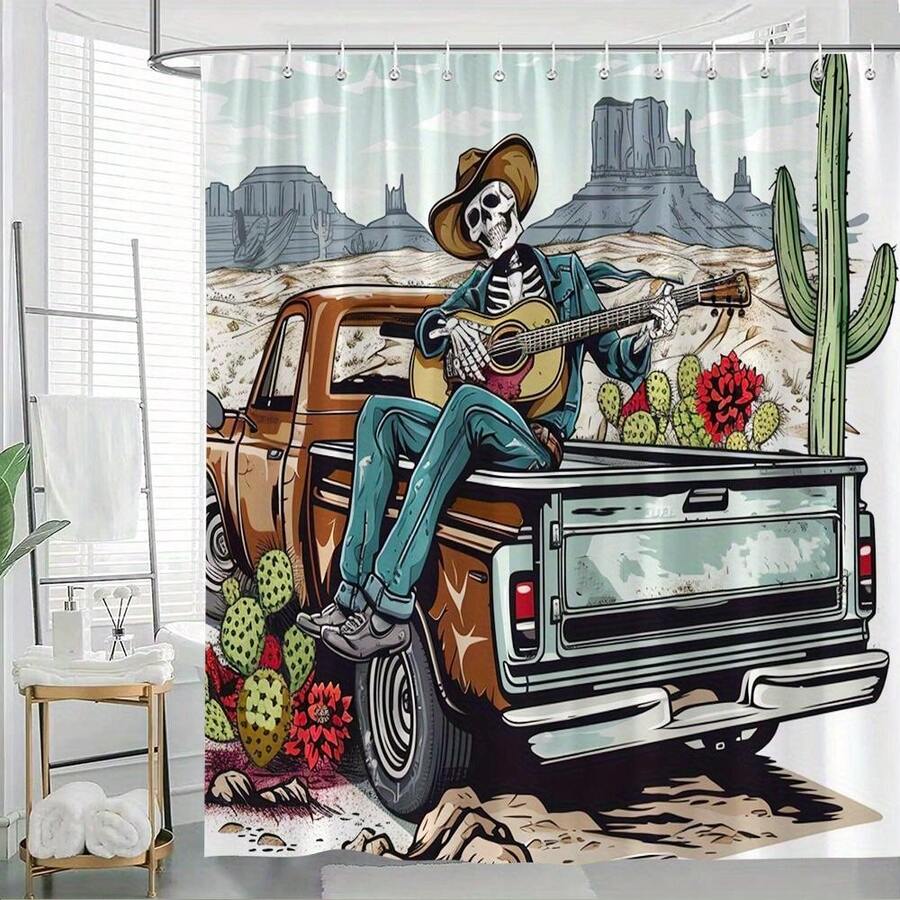 1pc Large Western Halloween Shower Curtain - Skeleton Cowboy With Guitar In Vintage Pickup Truck, Desert Cacti & Rocky Mesas Bathroom Decor - High Quality Polyester Bath Curtain With 12 Hooks For Spooky Western Theme Parties () - Easy-Clean Bathroom Di - Multicolor - View 1