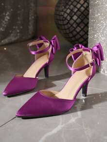 Purple Satin Bow Pointed Toe Ankle Strap High Heel Shoes For Women, Suitable For Spring And Autumn - Purple - View 7