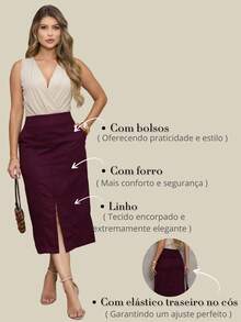 Linen Midi Skirt With Modern Slit And Adjustable Waist - 如圖 - 查看 6