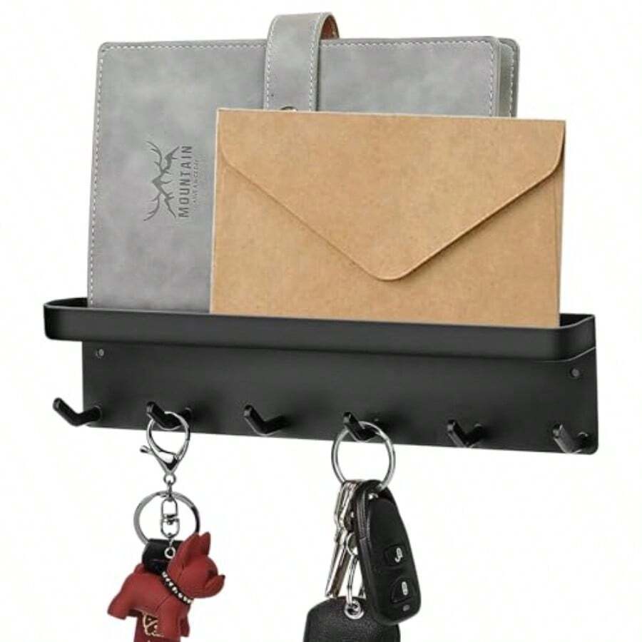 Black Key Holder For Wall Key Holder With Tray Key Hooks Wall Mounted Key Racks For Wall With 6 Hooks Self Adhesive Key Rack With Shelf Key Hangers Mail Holder Storage For Hallway Entryway Fvv - Black - View 1