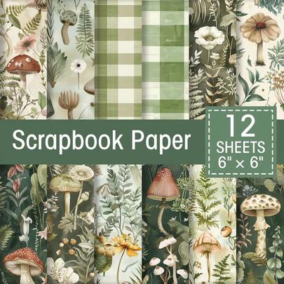 12pcs Country Style Mushroom-Themed Scrapbooking Paper Pad, Green Mushrooms, Plants, Leaves Pattern Design, 6*6inch Background Journal Paper For Scrapbooking, Bullet Journal Junk Journal Greeting Card Background Album And DIY Projects