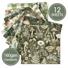 12pcs Country Style Mushroom-Themed Scrapbooking Paper Pad, Green Mushrooms, Plants, Leaves Pattern Design, 6*6inch Background Journal Paper For Scrapbooking, Bullet Journal Junk Journal Greeting Card Background Album And DIY Projects - Green - View 7