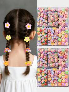 60个/包 彩色花朵、蛋糕、水果、蝴蝶结发圈，适合青少年女孩，可爱公主风高弹力不伤发，时尚百搭发饰，适合日常使用 - 彩色 - 查看 2