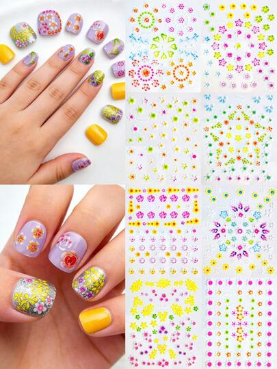 8 Sheets Fresh & Sweet Kids Nail Art Stickers, Featuring Soft Patterns Like Flowers, Roses And Hearts, Easy To Apply, Ideal For Daily Wear, Party Activities And DIY Nail Art, Creating Sweet And Cute Fingertip Looks