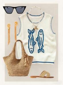 Camiseta de punto sin mangas con estampado de peces y ribete de color contrastante, para mujer, estilo casual de vacaciones, primavera/verano, color blanco - Blanco - Ver 3