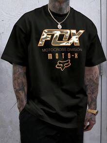 Men's Y2K Motocross Graphic Short Sleeve T-Shirt, Camouflage Letter & Fox Head Print Moto-X Division Design, Crew Neck Casual Top For Racing, Streetwear & Daily Wear - màu đen - Xem 2