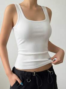 1pc Women Casual Comfortable Padded Square Neck Camisole Top, Slim Fit Ribbed Sleeveless Undershirt, Suitable For All Seasons - White - View 3