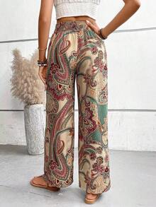 2026 Women Summer Printed Elastic Waist Wide Leg Pants - Loose Casual Tros Polyester Stretchy -  Summer Outfits - St Pattys Day - Capris For Women -  Vacation Outfits Women - Spring Outfits For Women - Women's Culottes - Màu Khaki - Xem 4