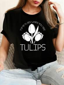 Tulip Gardening Garden Gardener Tulips Camiseta de algodón 100% femenino camiseta Casual 220g Funny Graphic Short Sleeve 1 PCS Tee Novelty Crew Neck Oversized Top - Negro - Ver 1