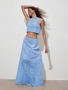 （1件）复古镂空刺绣A字裙，优雅精致，不含吊带背心，哥特风格，适合圣诞节、春夏、波西米亚风、音乐节、返校季、婚礼季等场合。 - 藍色 - 查看 4