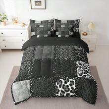Erosebridal Leopard Print 7 Pieces Bedding Set, Animal Skin Texture Bed In A Bag, Patchwork Geometric Bed Set Includes Comforter, Sheet Set, Pillowcases & Pillow Covers, Farmhouse Bedroom Decor - 黑色灰色 - 查看 2