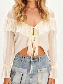 Blusa de manga larga para mujer con lazo frontal, corte holgado informal, elegante, color liso, transparente, con volantes y escote en V, ideal para primavera/verano. - Albaricoque - Ver 6