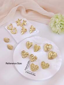 8 Pairs Vintage Gold-Tone Stud Earrings Set, Including Geometric Asymmetrical, Heart, Leaf And Other Fashionable Designs. Made Of Stainless Steel, Hypoallergenic And Durable, Vintage Gold Tone With Premium Feel. Versatile For Casual, Dress, Daily Wear, Vacation, Wedding, Also A Great Gift Idea For Valentine's Day, Birthday, Mother's Day. - Gold - View 4