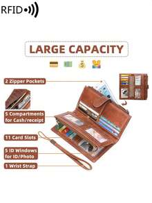 MIYIN Cartera vintage de mujer multifuncional de gran capacidad con triple pliegue, billetera con bloqueo RFID que cabe tarjetas de crédito/ID/monedas/efectivo/recibos, cartera de embrague con cremallera doble, regalo de cumpleaños, regalo de aniversario, billetera de mujer, billetera larga, muñequera - Marrón - Ver 7
