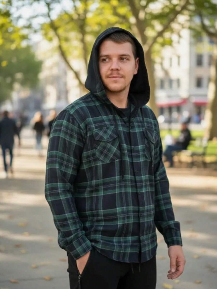 Men's Adult Flannel Plaid Shirt With Hood. - màu xanh lá - Xem 1