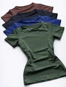 Set Of 4 Women's Blouses In Double-Layer Spandex, Basic And Elegant, Blogger Style. - Xanh quân đội, xanh hải quân, đen và nâu - Xem 1