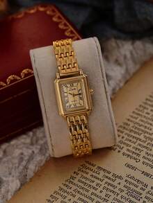 1pc New Square Gold-Tone Women's Watch, Elegant Minimalist Fashion, Casual Versatile, Retro Luxury Style. Lightweight Stainless Steel Strap Quartz Watch, 30M Water Resistant, Durable. Adjustable Strap Length. - one-size - View 2