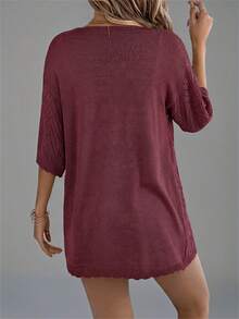 Summer New Hollow Out Short Sleeve Knit Cardigan, Vacation Beach Cover Up Thin Jacket For Women - Burgundy - View 2