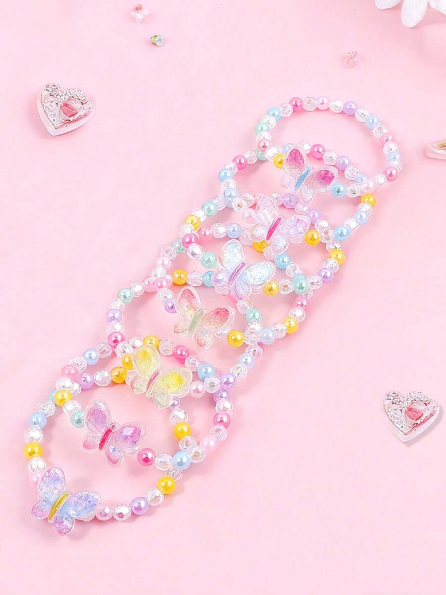 Set de 7 piezas de pulseras de niña con cuentas y diseño de mariposas de colores, adecuado para uso diario, regalo de cumpleaños, recuerdo de fiesta, accesorios para niñas - Unitalla - Ver 1