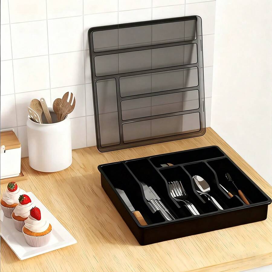 Cutlery Drawer Organizer, Made Of Plastic, Suitable For Kitchen Drawers. It Serves As A Divider For Cutlery And Kitchen Utensils, And Can Store Spoons, Forks, Knives, And Other Cutlery. It Features A 6-Compartment Design And Is Available In Black. - màu đen - Xem 1