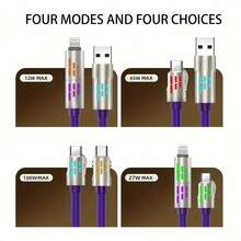四合一铝合金快充线，液态硅胶发光耐用数据线，带USB/Type-C/Lightning接口，高效数据传输，兼容 17/16/15/14/13/12/11/Xs/Xr/8/7/6、S24 Ultra/S24/S23 Ultra/S23/S22/S21等机型。 - 紫色 - 查看 3