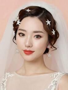 1/4/5件組手工婚禮水晶海星髮飾 新娘頭飾珠寶 水晶U型髮夾/水晶星星髮夾/水晶花朵髮梳 - 銀色 - 查看 8