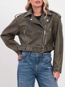 Women Faux Leather Long Sleeve Zip-Up Short Biker Jacket - Faded Green - View 5