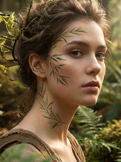 Green Willow Vine Temporary Tattoo Stickers, Unique Fresh Green Plant Leaf Fake Temporary Tattoos, Forest Theme Party Stage Temporary Tattoos