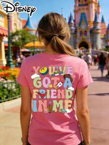 Disney Authorized Women's Casual Short Sleeve T-Shirt, Toy Story Themed, Double-Sided Print, Front With Character Collage, Back With "You've Got A Friend In Me", Breathable, Perfect For Daily Wear - 粉色 - 查看 3