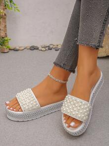2026 New Rhinestone Embellished Thick Sole Wedge Slippers, Shiny Solid Color Unisex Crystal Sandals For Outdoor Wear, Spring/Summer - White Pearls - View 4