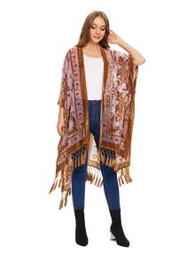 WeHello Women's Boho Burnout Velvet Kimono Long Cover Up With Tassel Casual Cardigan Shawl Flowy Fabric Beachwear Suit Womenswear Clothes Swimwear Coverups SpringStatements - 紫丁香色 - 查看 3