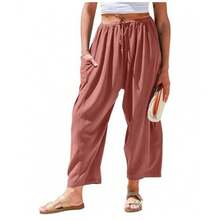 2026 Women's Elastic Waist Pleated High Waist Wide Leg Pants Loose Casual Cotton Linen Trousers Suitable For Going Out, Suitable For Mothers And Sisters To Give Gifts - 紅色 - 查看 12