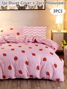 3pcs Cartoon Pink Strawberry Print Bedding Set, Reversible, Cute Campus Style Bedding Set Suitable For Students And Teenagers Back To School Season, All Seasons, Soft And Breathable, Machine Washable (1 Duvet Cover + 2 Pillowcases) - Pink - View 1