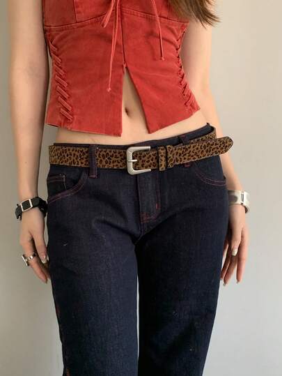 1条多色豹纹女士PU皮复古腰带，独特美式Y2K风格，适合春秋季节穿着。