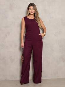 Elegant Linen Jumpsuit With Wide Legs And Discreet Pockets. - Fig - View 1