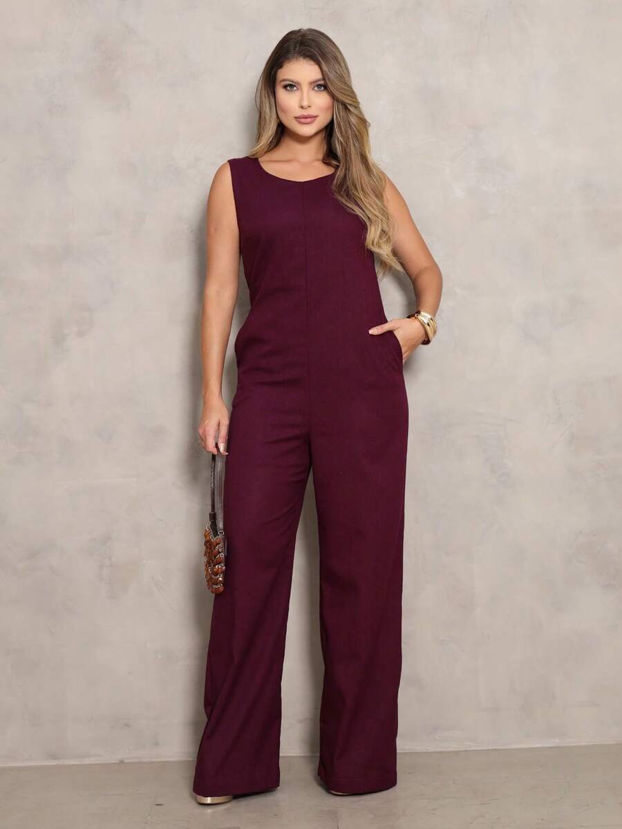 Elegant Linen Jumpsuit With Wide Legs And Discreet Pockets. - Fig - View 1