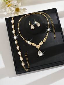 Rose Gold/Gold Jewelry Set, Zirconia Necklace & Earrings - 501796 Gold Set - HB - View 2