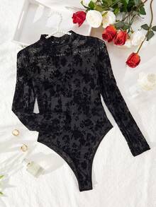 Black Sheer Mesh Velvet Floral Long Sleeve Jumpsuit, Party Outfit - Black - View 3