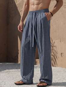 1pc Men's Blue-Gray Linen-Like Casual Pants, Drawstring Elastic Waist Design, Soft & Breathable, Wide Leg Trousers, Suitable For Beach Vacation, Hotel, Seaside, Machine Washable - Navy Blue - View 2