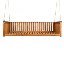 Merax Patio Minimalist Twin Size Garden Swing Bed Wood Porch Swing With Ropes For Backyard,  Sloped Design - Teak-New - 查看 9