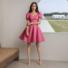 10 Sizes (XXS-5XL) Multi-Size Rose Pink Textured V-Neck Puff Sleeve Skater Dress Sewing Patterns, Sewing Patterns For Women, Easy Sewing Patterns For Beginners, 1:1 Women's Clothing Sewing Pattern Set, With Color HD Picture Instructions, New Fashion Women's Clothing Sewing Pattern, Gift For Sewing Enthusiasts - CL0286 - View 4
